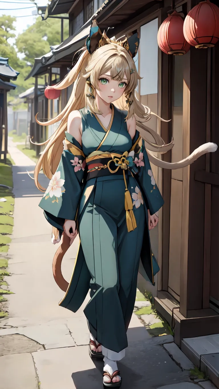 the woman has long blonde hair walking down the sidewalk in a kimono garb and white sandals and a traditional green outfit with golden accessories
