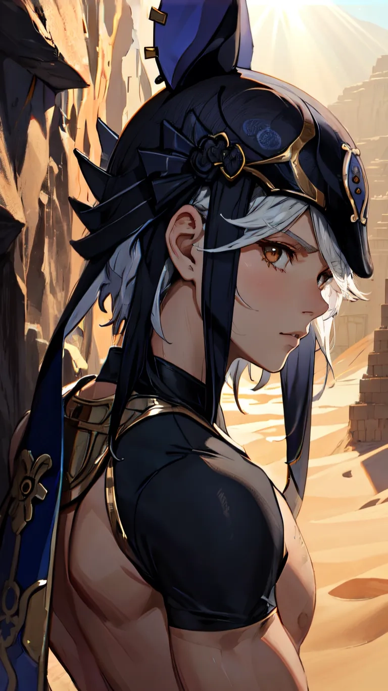 a girl with long hair and horns in a desert landscape with a pyramid like building behind her head, looking away from the right side
