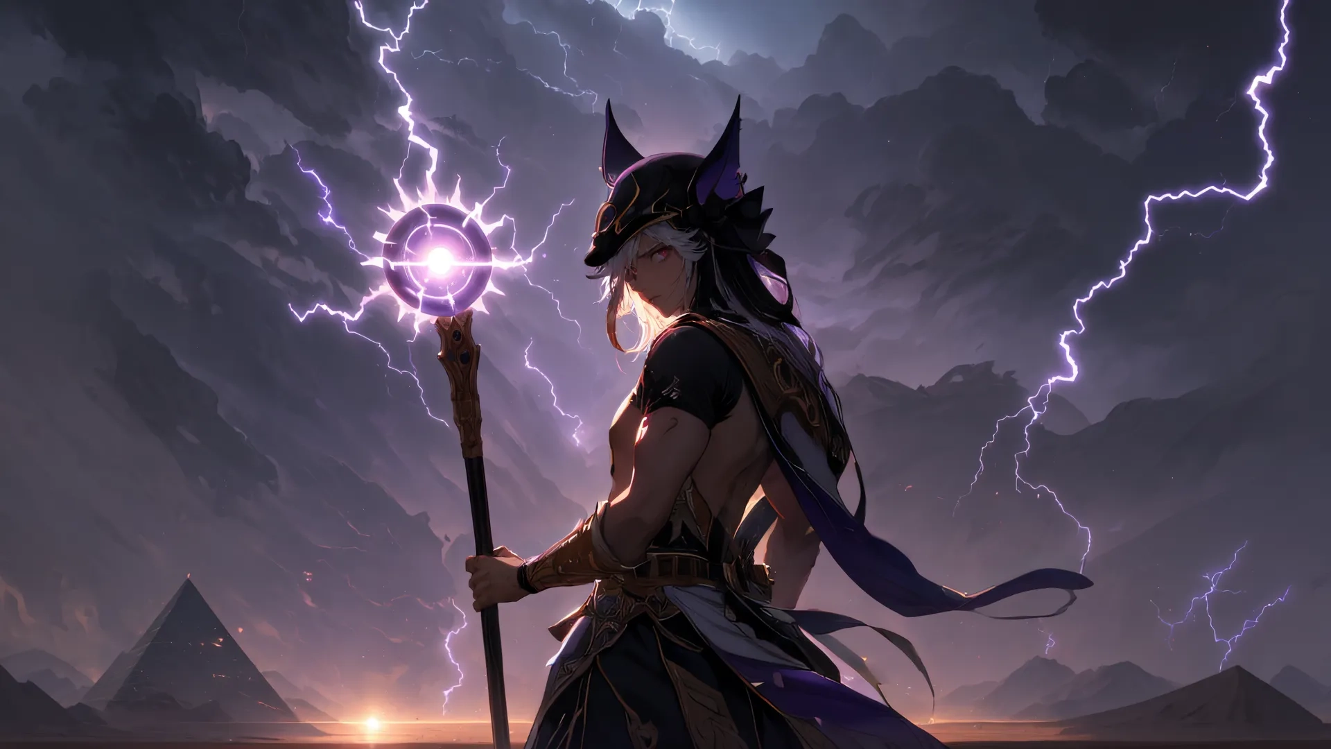 a young girl with a sword and a lightning in her hand is seen from behind by rocks while an arcoonr stands outdoors and lights shines below
