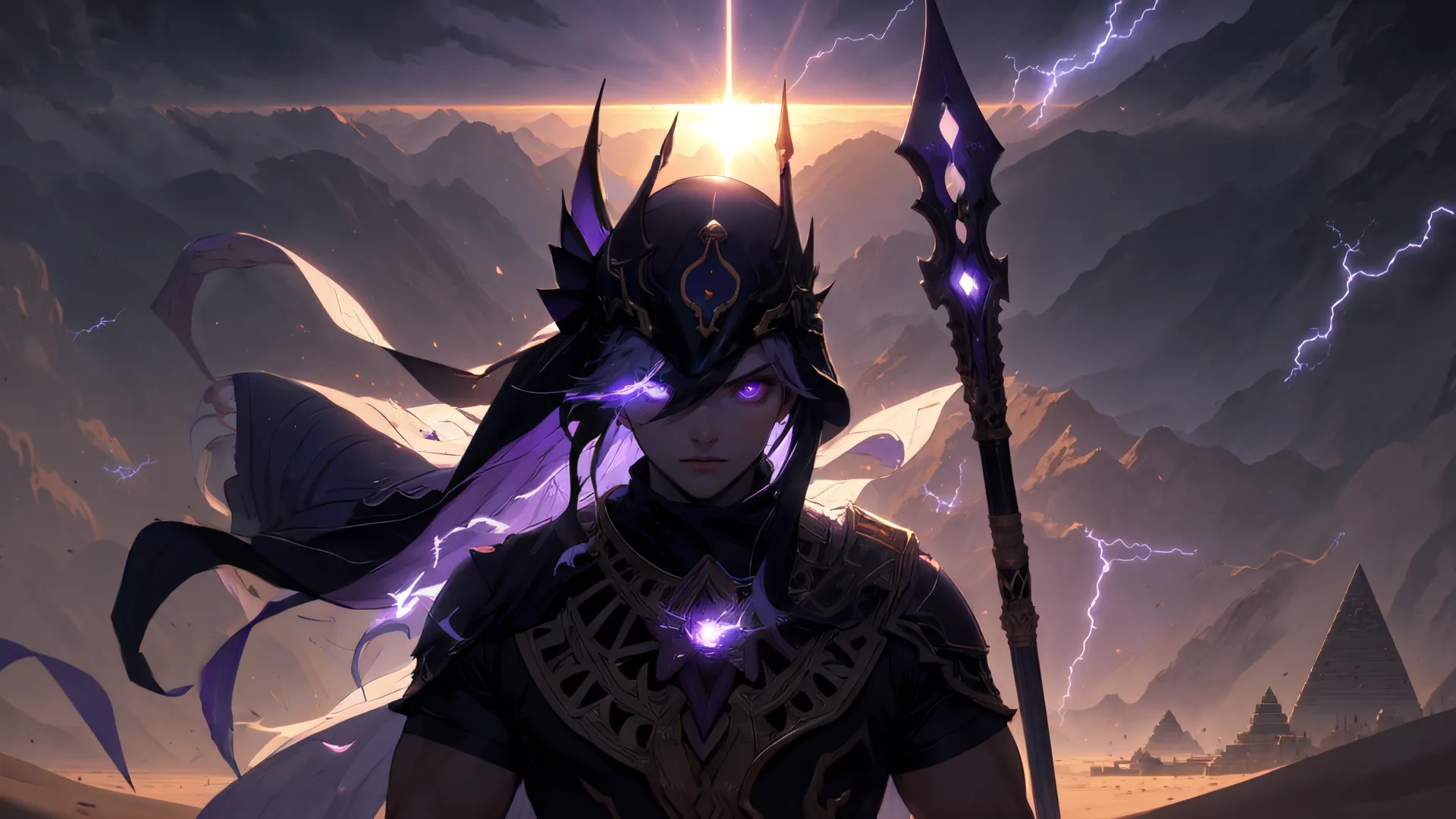 a woman dressed in armor with a staff in the desert, next to mountains and a sunset on her face, with lightning and clouds behind her are lightnings
