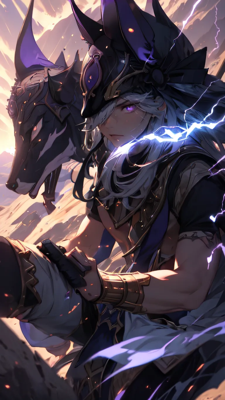 a young man with a hat and horned hair, holding a knife and lightning in his hand on his shoulder wearing metal armor and armor
