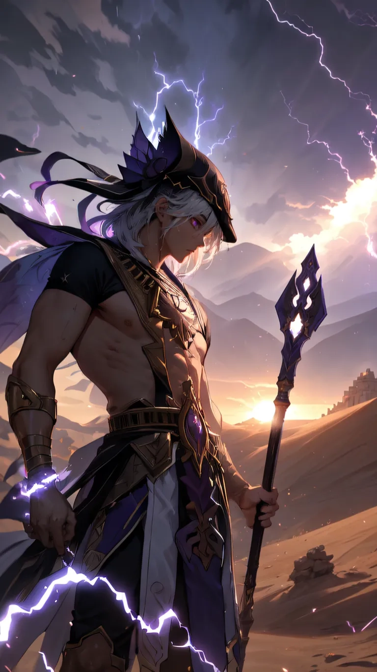 a man in armor standing with a sword on a rock in the sky while lightning strikes down behind him all around them the image is an area of the scene

