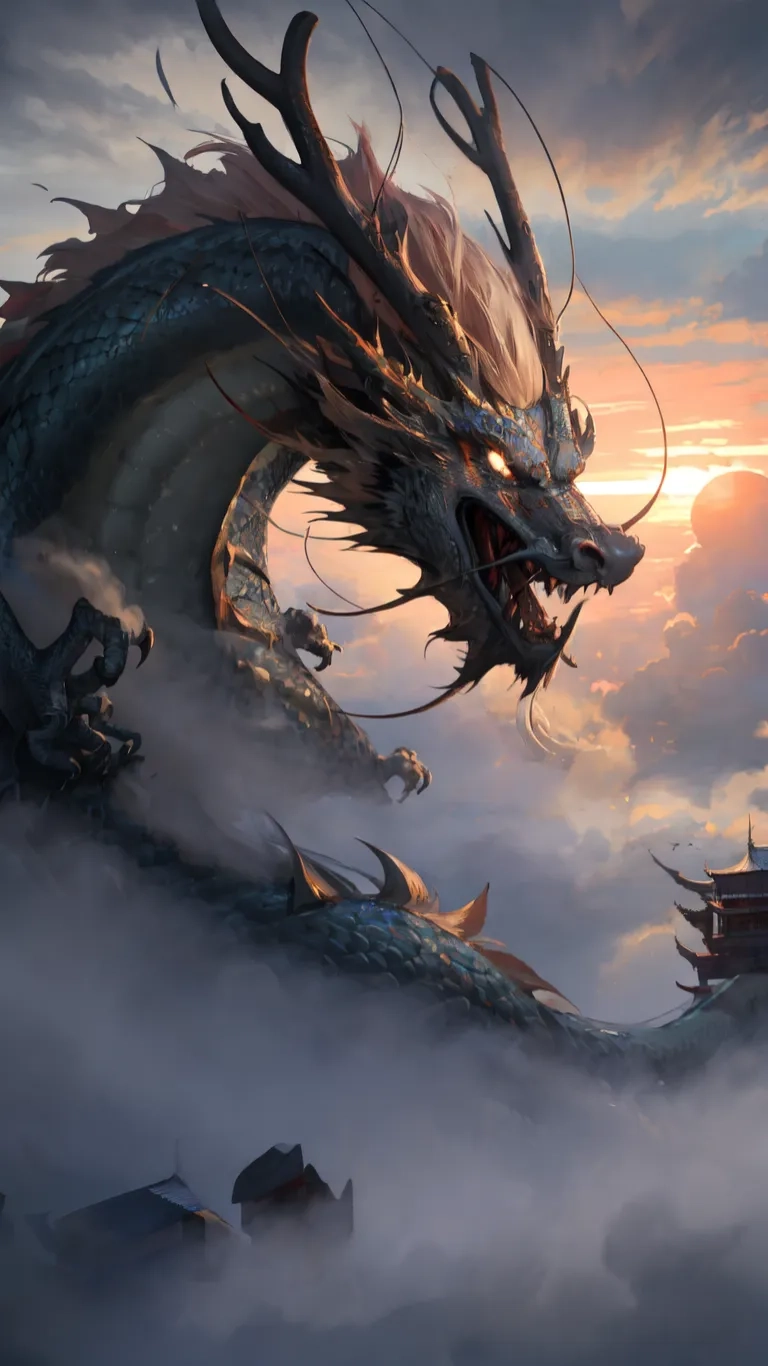the dragon looks like a japanese monster with dragon teeth and horns, while surrounded by clouds, with a sunset in the background, around him
