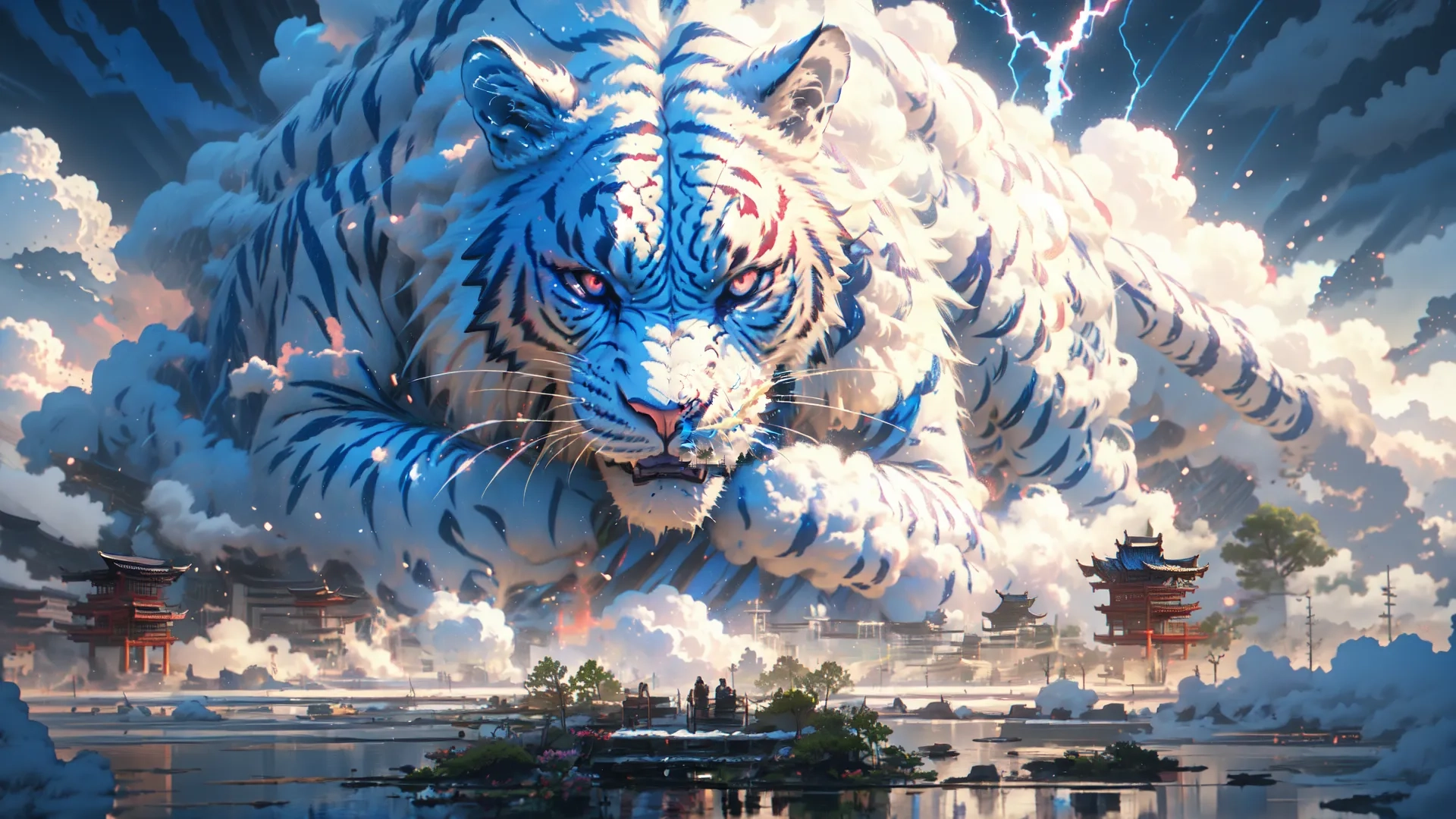 a white tiger in an area that's full of smoke with clouds surrounding it and buildings in the background and blue water pouring from the water
