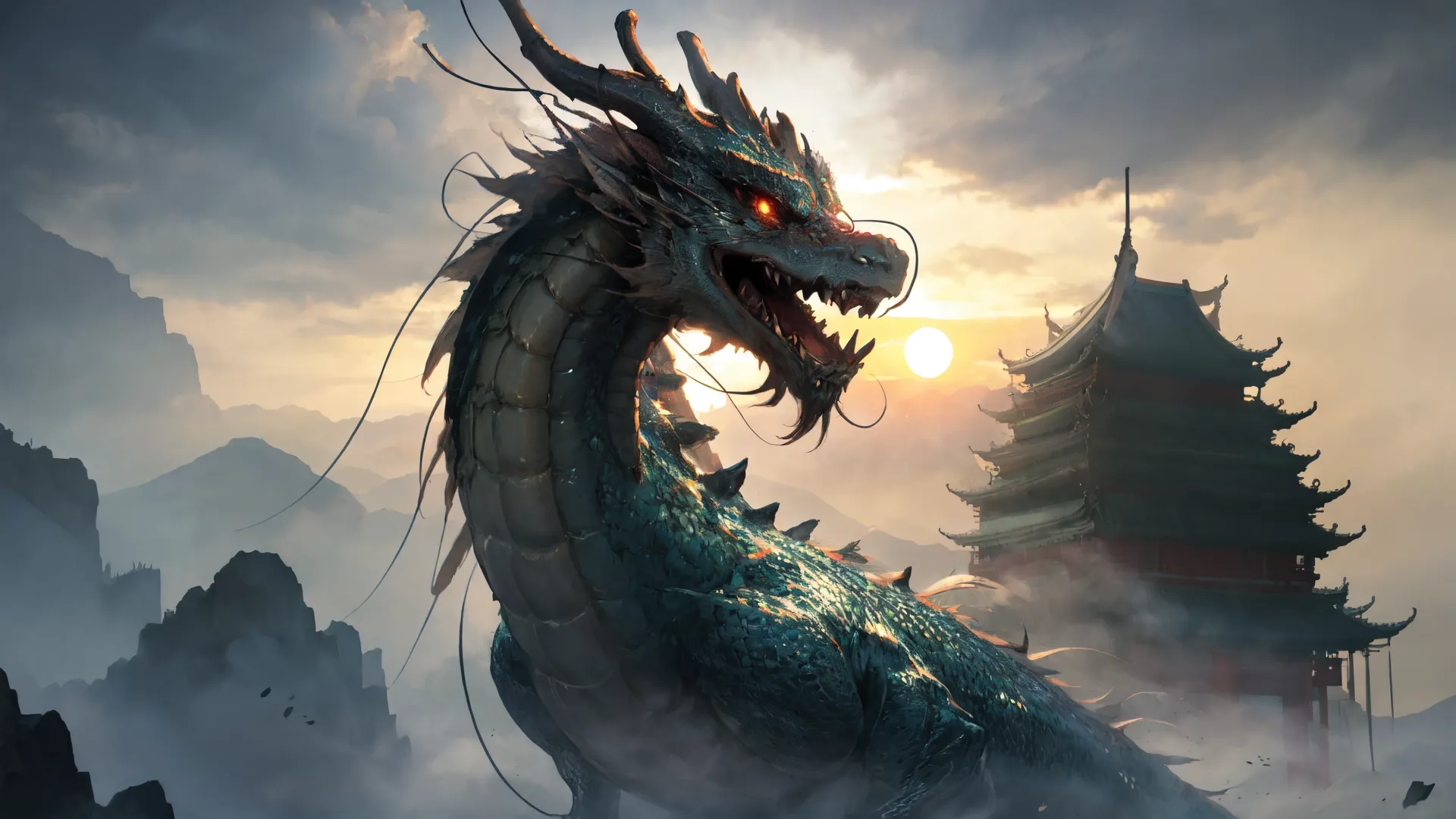 a very large dragon with sharp sharp fangs in the foreground with pagodas and misty fog surrounding it and the sky behind it is partly cloudy
