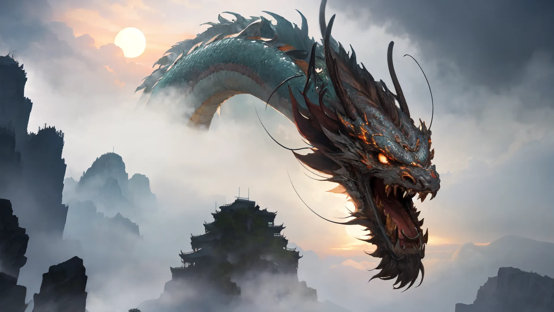 an illustration of a flying dragon over a mountain range at night or day time with the sun setting behind it out side the mountains and clouds
