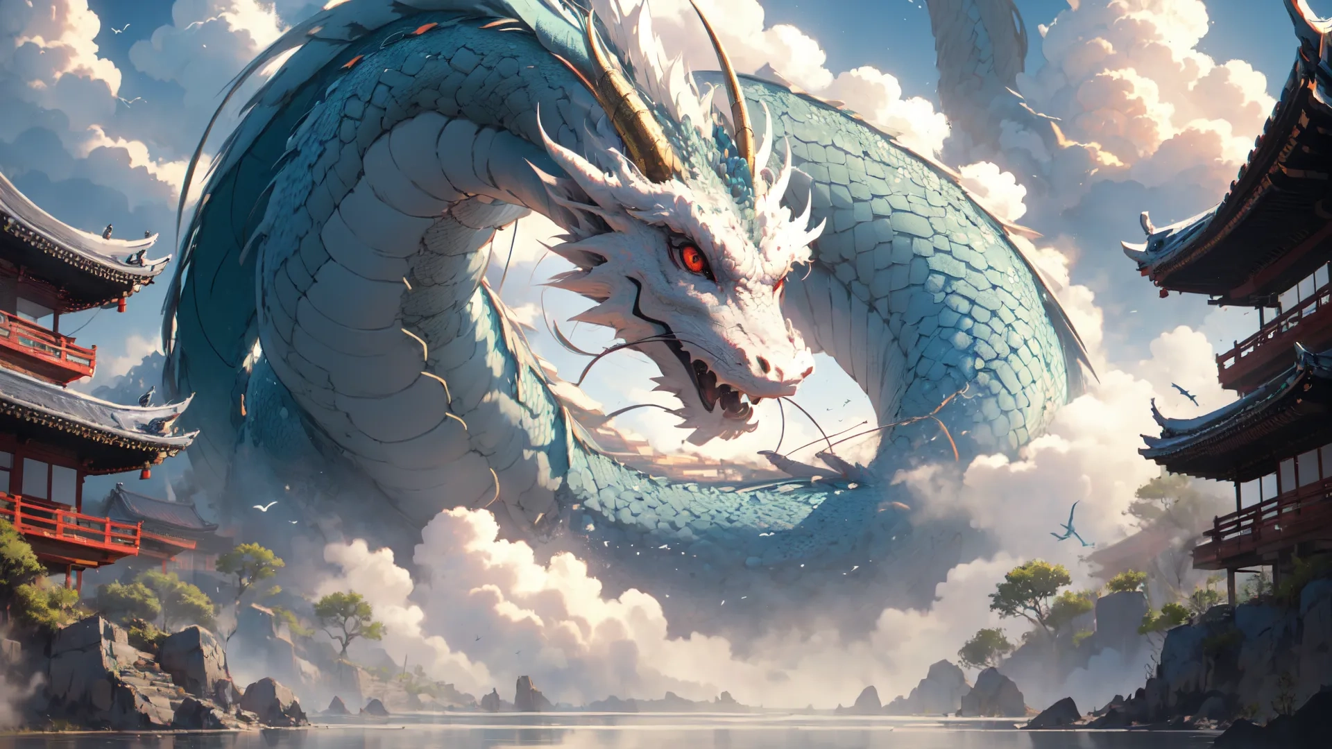 a large blue dragon is near a small hill side pagodas in the background behind it are buildings and water with many clouds around them
