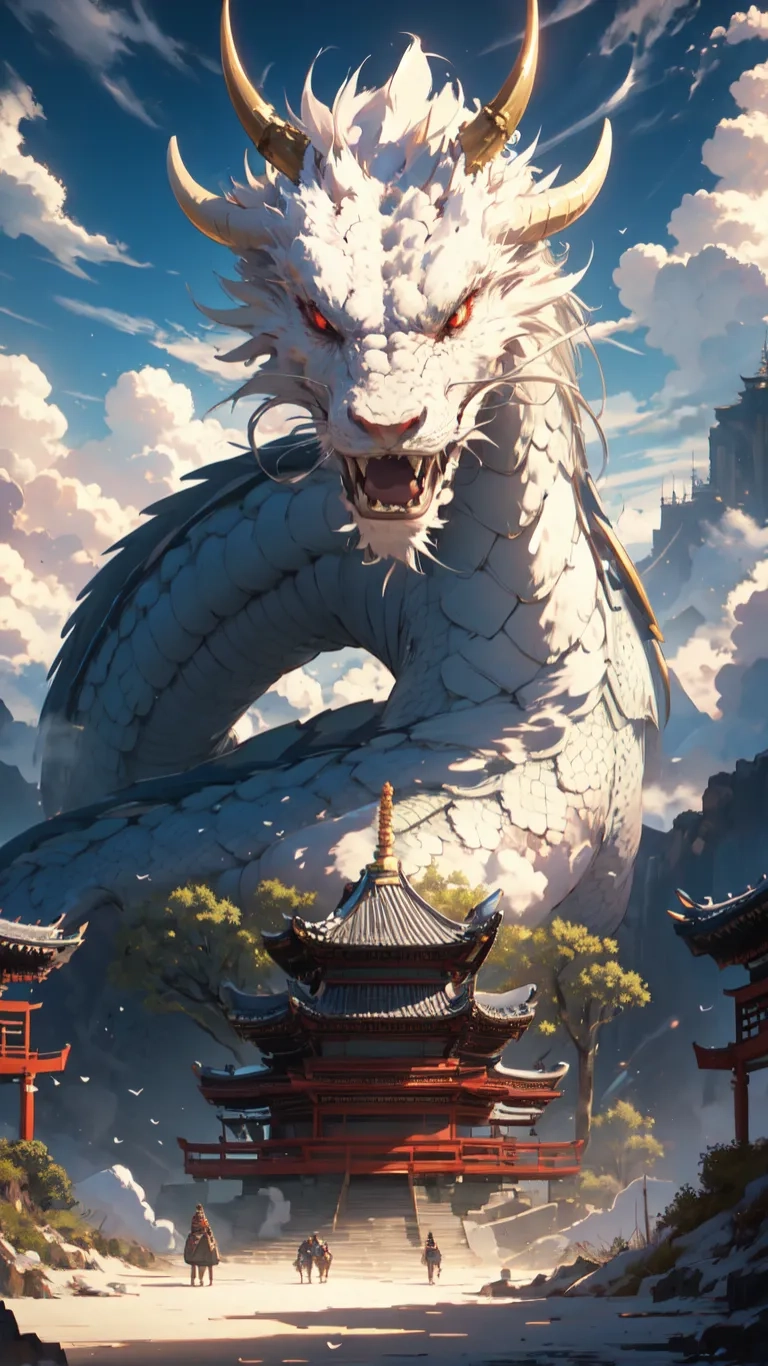 a dragon stands with his head above the ground next to a pagoda covered in clouds and mountains behind it, with people standing near, and a gate
