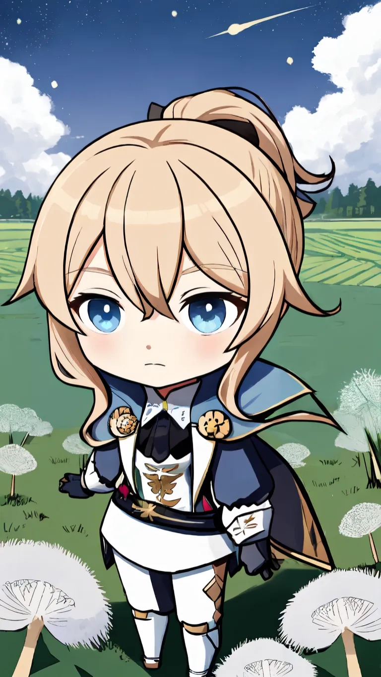 an anime girl with short hair and blue eyes in a field
