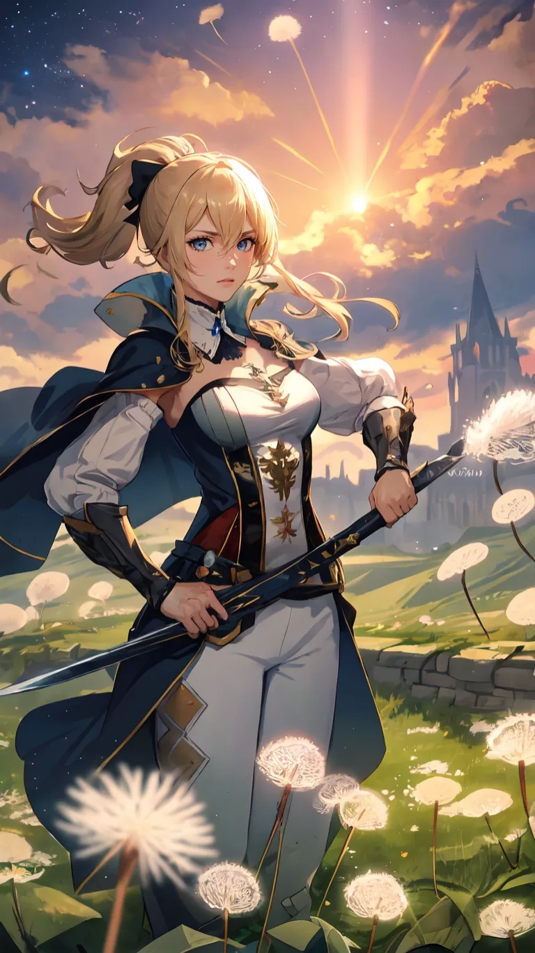 a female character with blonde hair and blue dress holds spear among white dandelions
