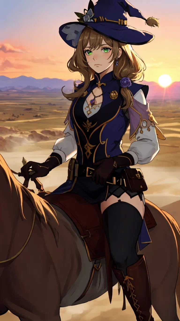 an anime girl riding on a horse with a hat
