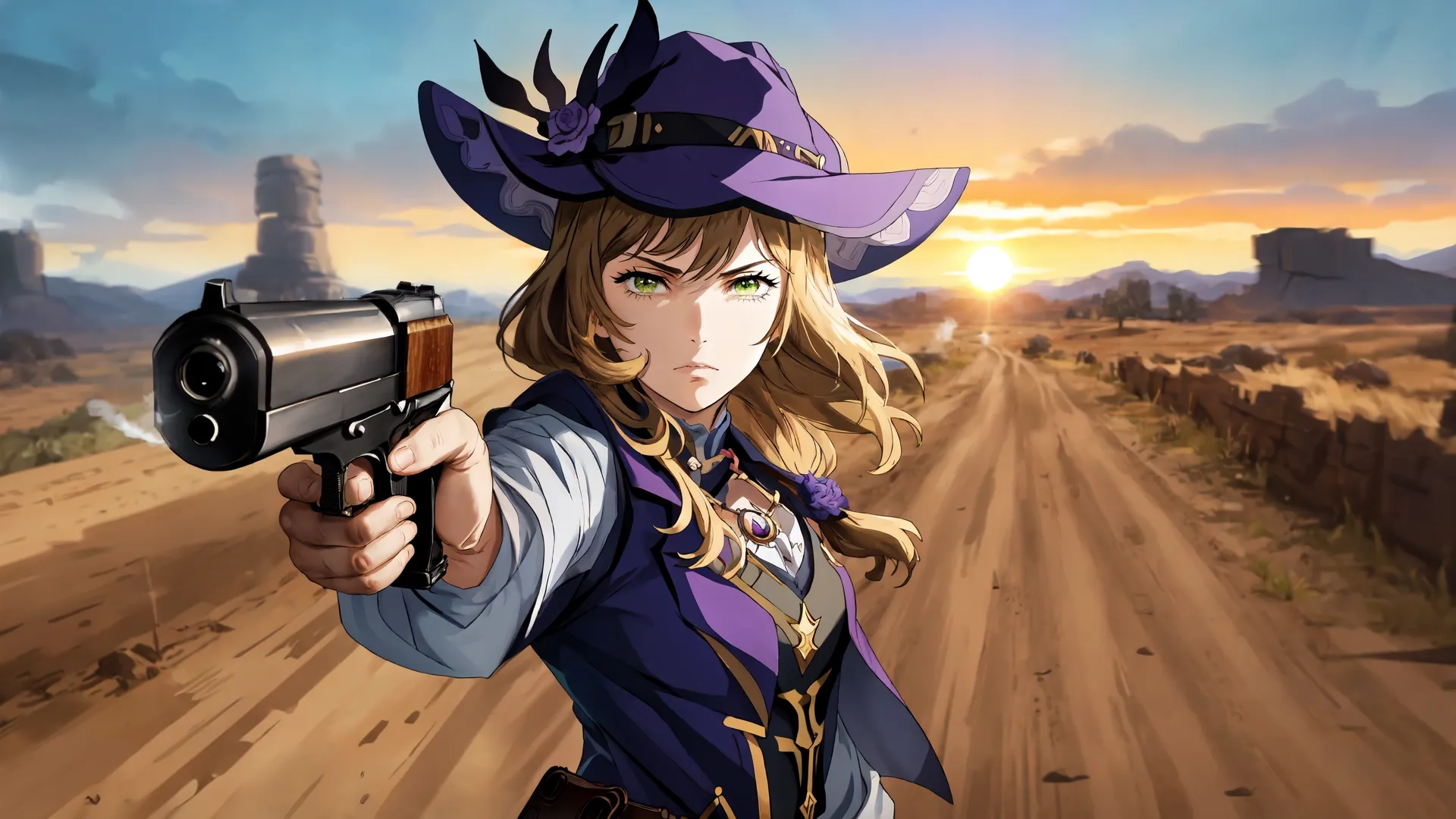 a woman in cowboy attire holding up a gun
