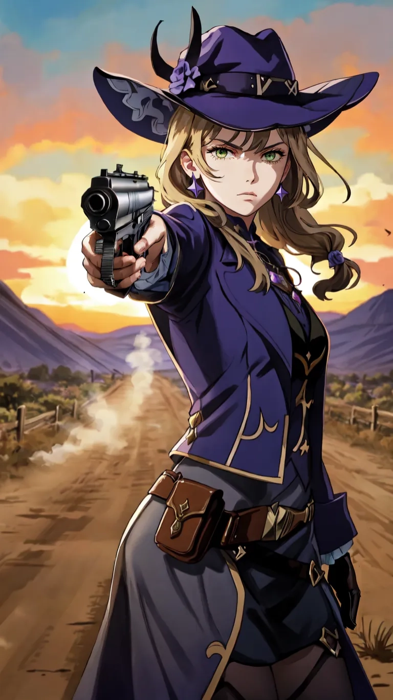 a cartoon style illustration of an animated wild west girl aiming with a revolver
