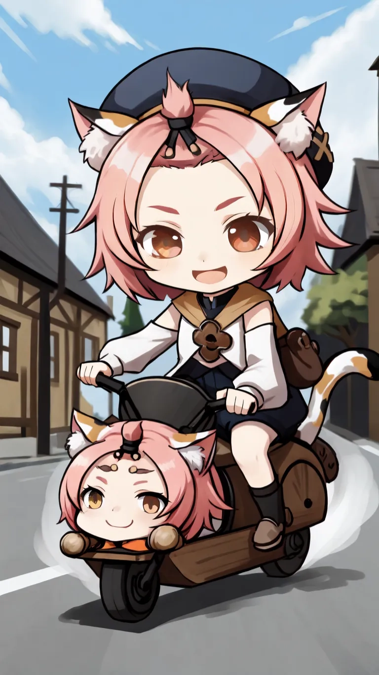 anime style drawing of cat riding a motorcycle
