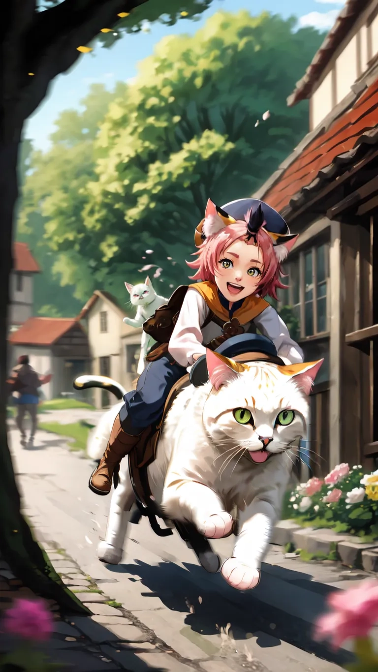 a woman riding on a cat through a village
