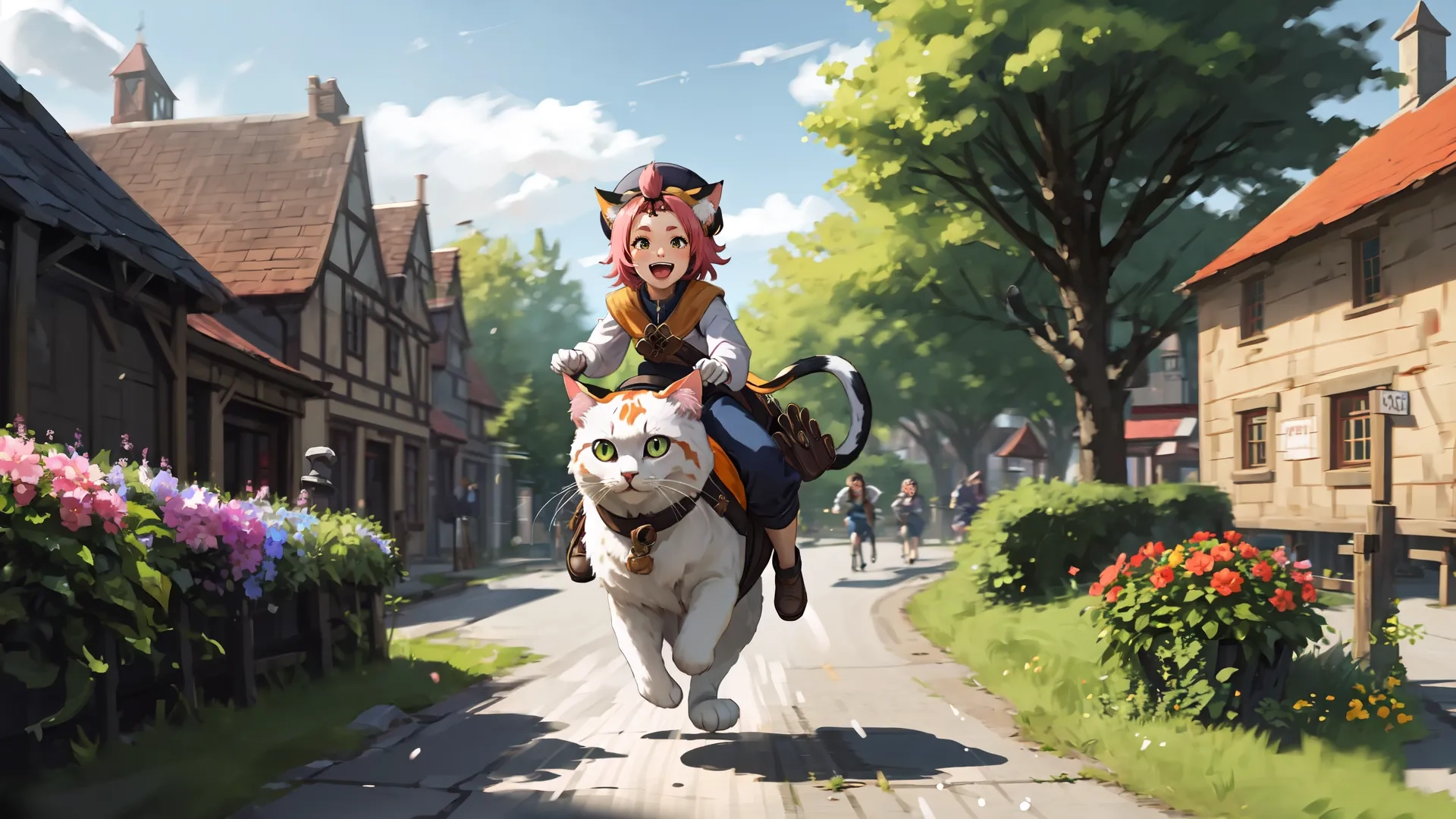 a woman riding on the back of a white cat
