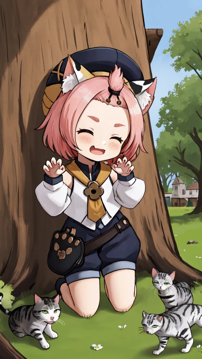 a girl with pink hair in a costume and cat ears near a large tree
