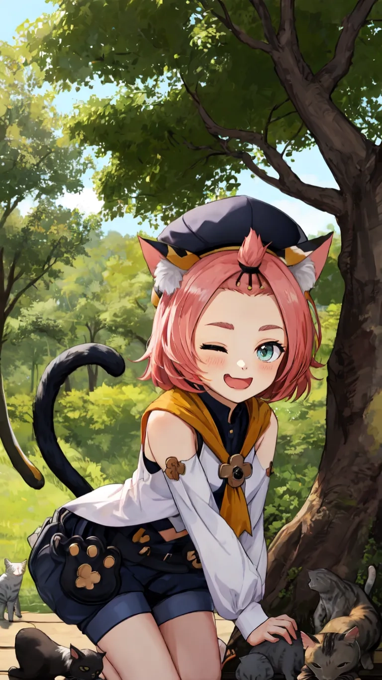 a painting of a cat girl in costume with cats on the side
