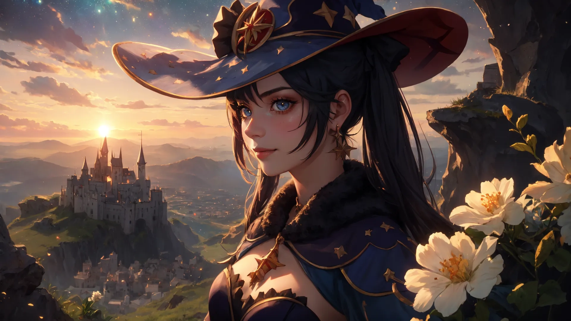 a witch girl standing in front of a castle with a flower
