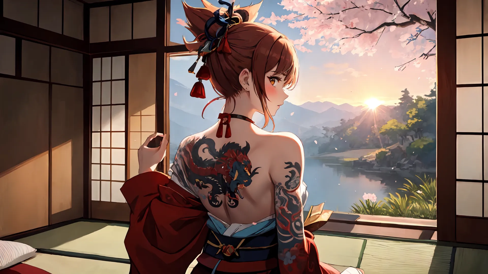 a girl in a kimono with tattoos looks out the window at flowers
