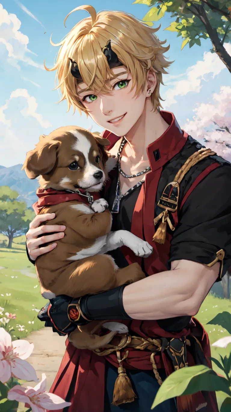 anime boy with blonde hair and wearing clothes holding a puppy
