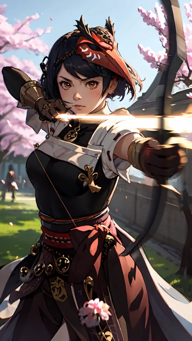 a young woman with a bow and arrow is shooting
