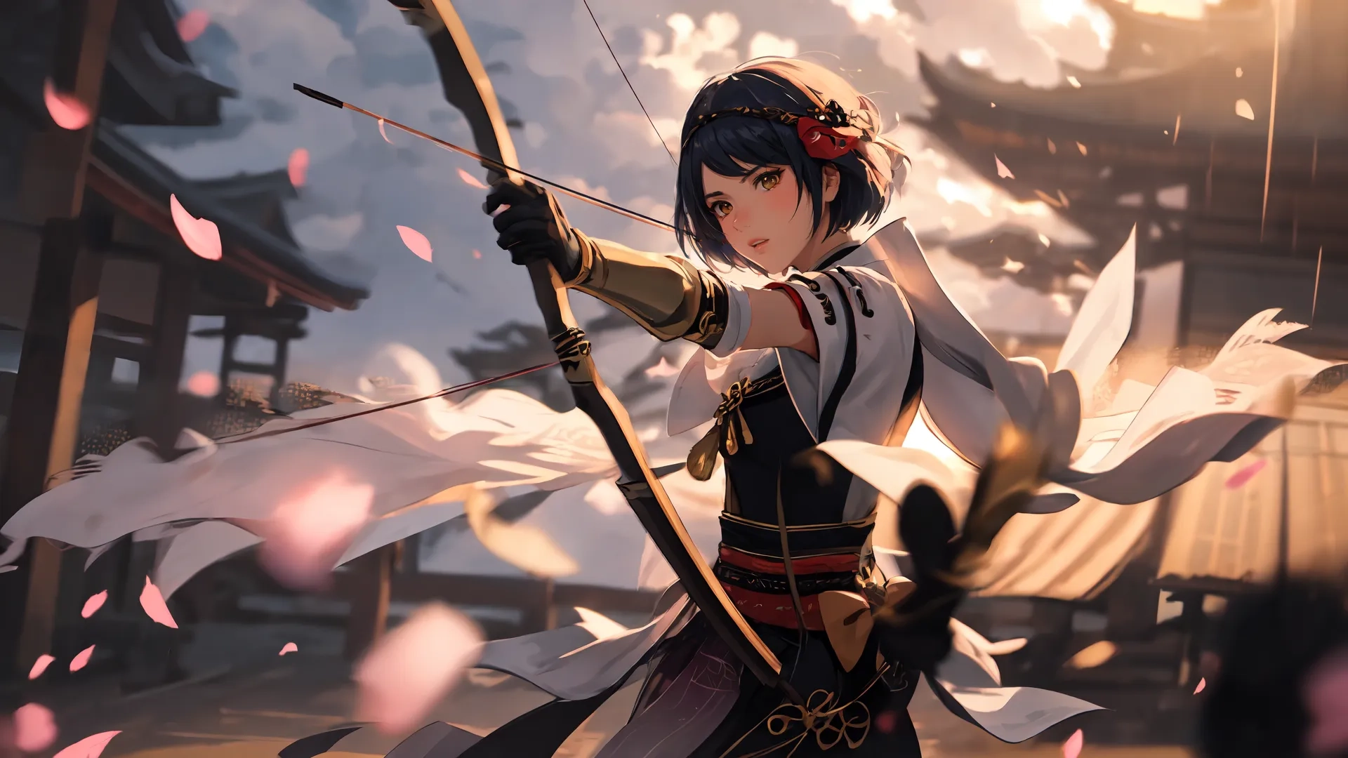 young girl aiming an arrow at an arrow target in the sky
