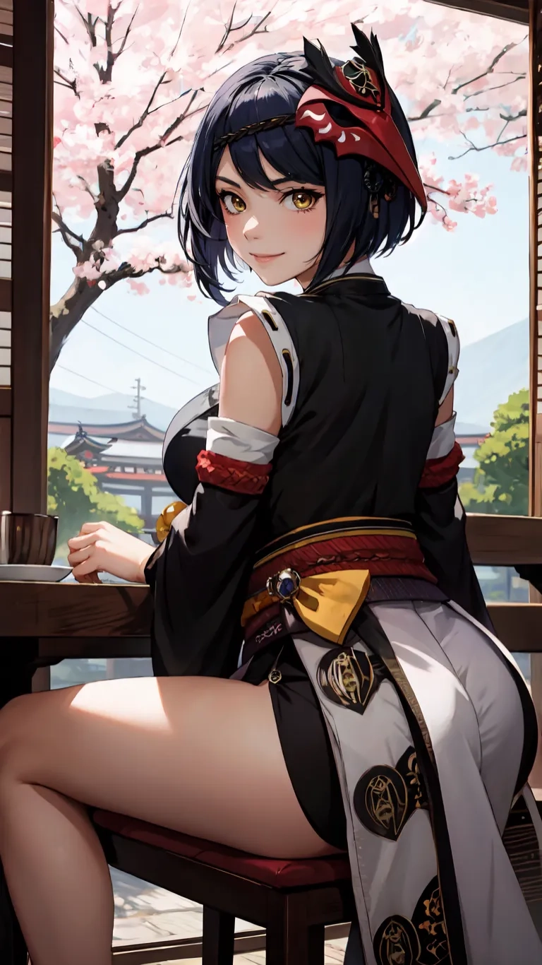 a cartoon anime girl sitting at a table
