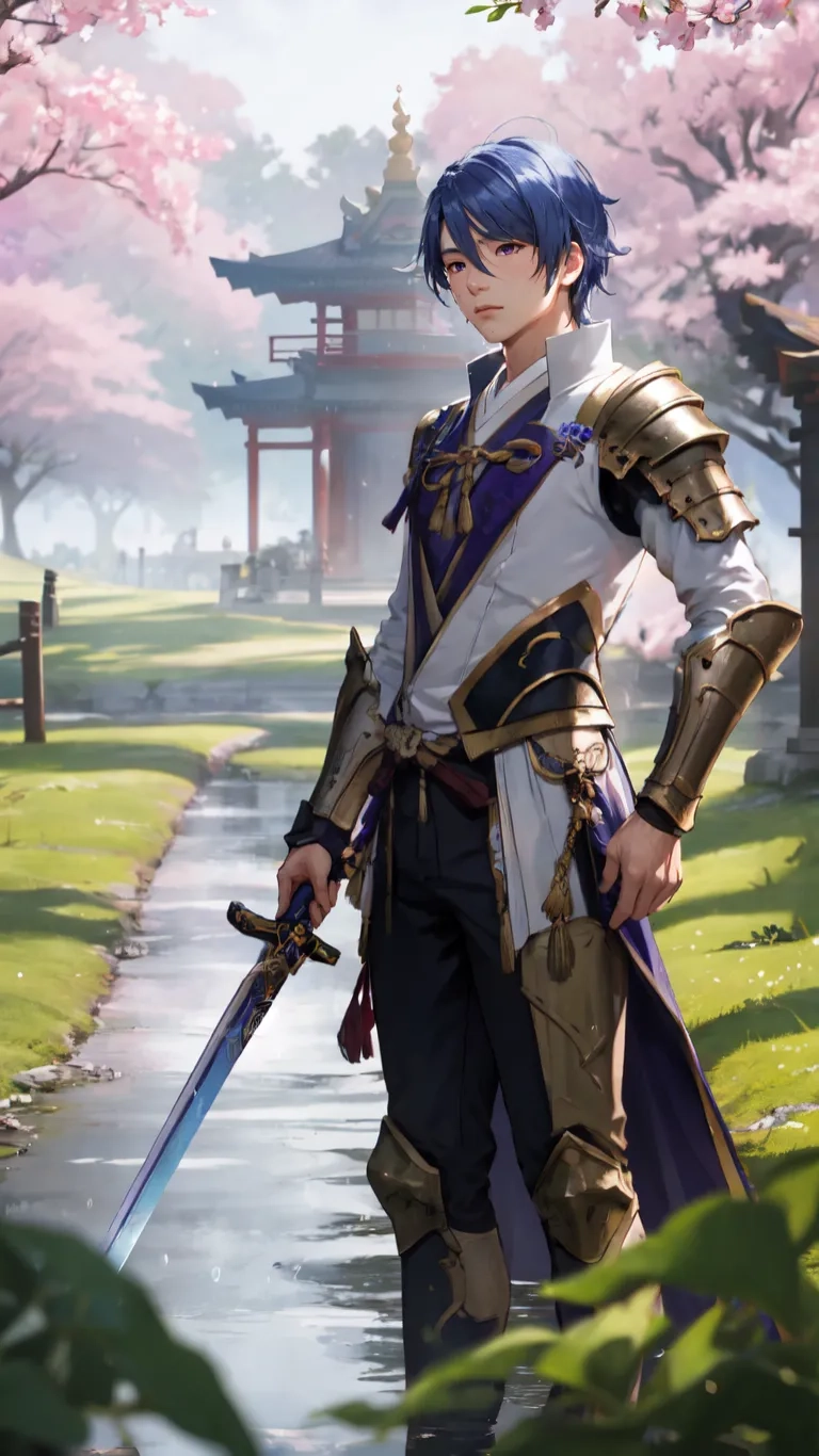 a young asian man with short blue hair holding a sword
