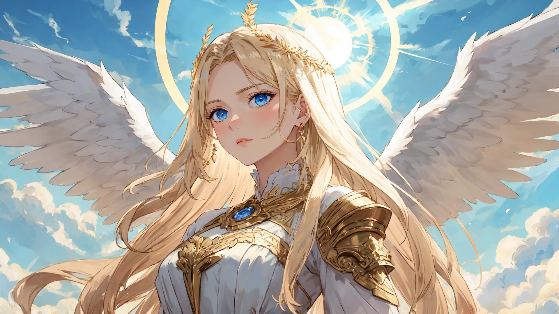 an angelic anime girl stands near a blue sky
