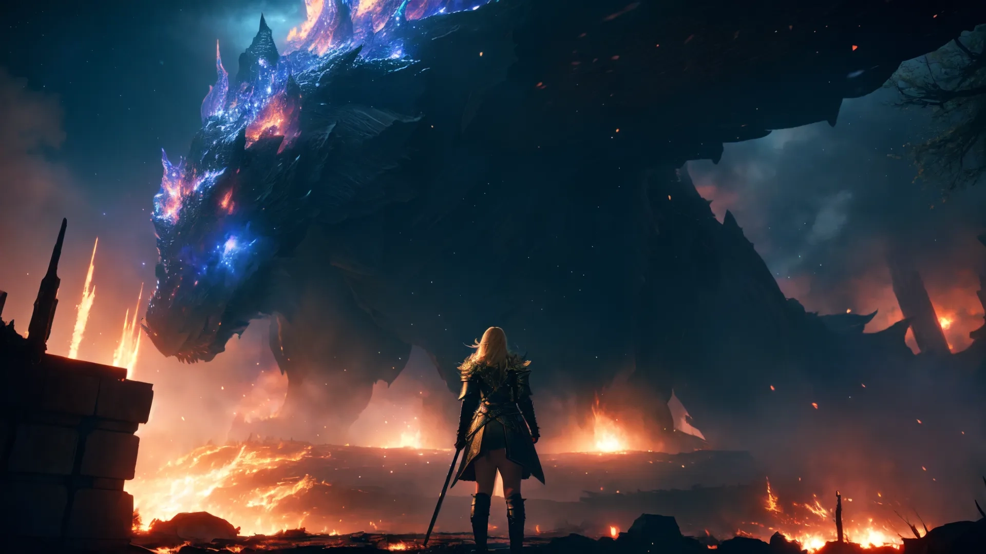 the dark souls are standing in front of an enormous godzilla statue covered in flames with blue flame coming out from it
