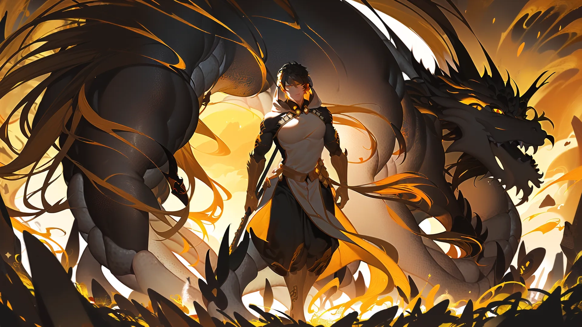 there is a female warrior in some flames next to a black dragon with long, long hair, and three other males watching him come through her

