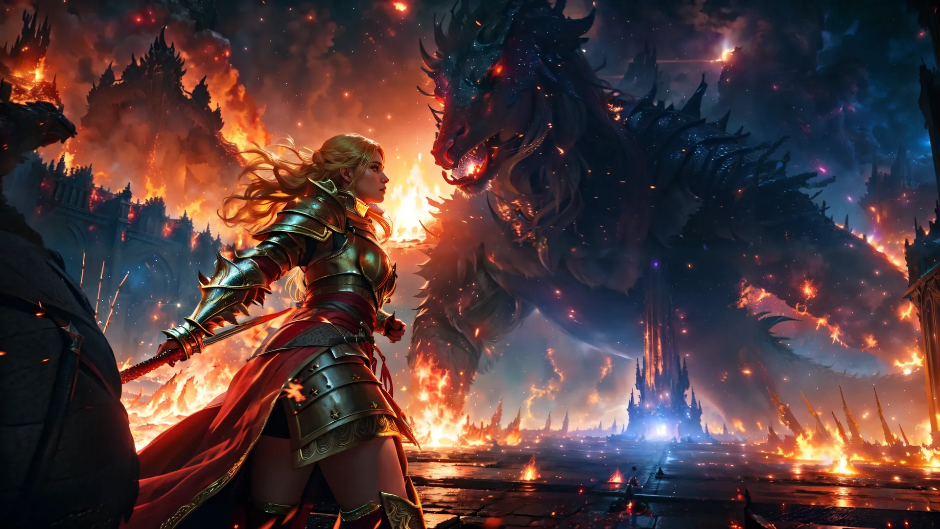 a person wearing armor walking through a jungle of dragons at night time, and two other people standing in front of them
