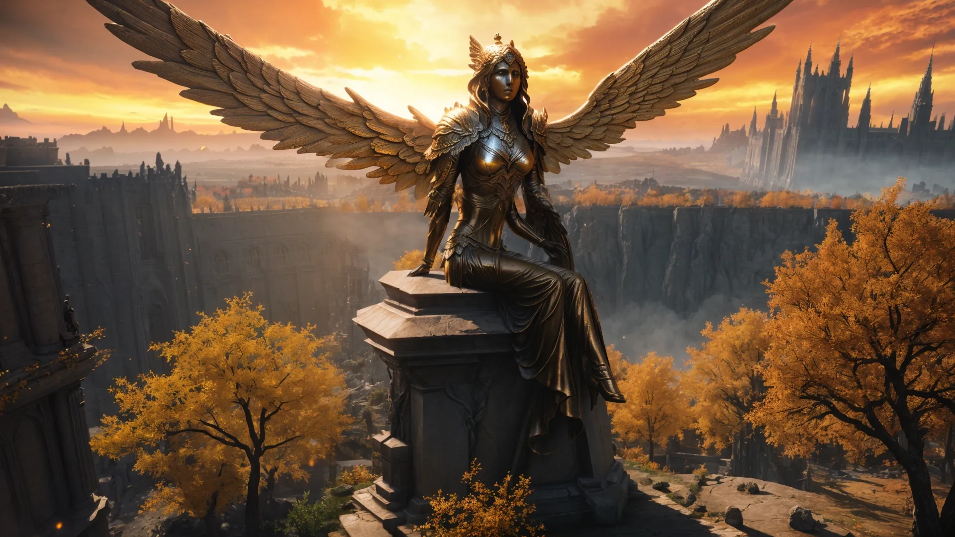 an angel statue made out of gold sitting on top of a large building with trees in the foreground
