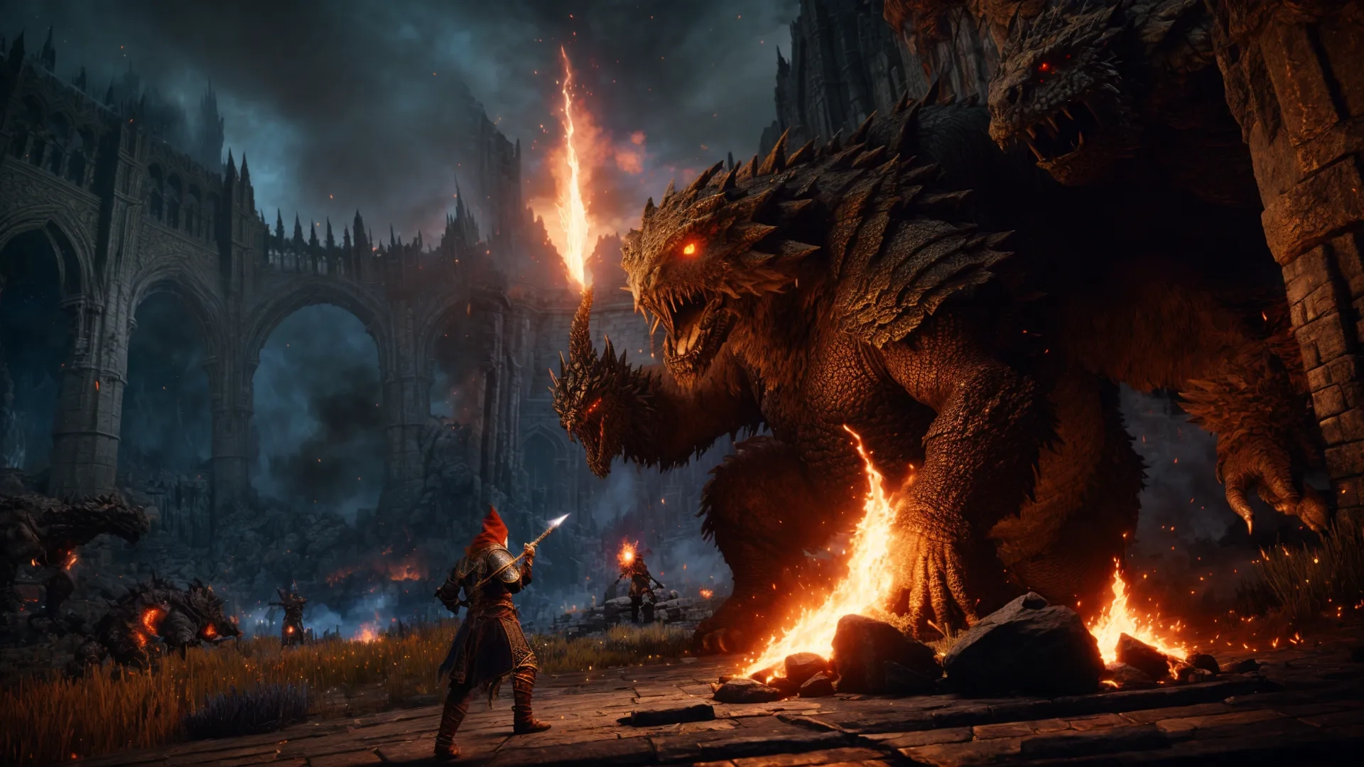 the elder is preparing to battle a big monster in an ancient city building, with flames
