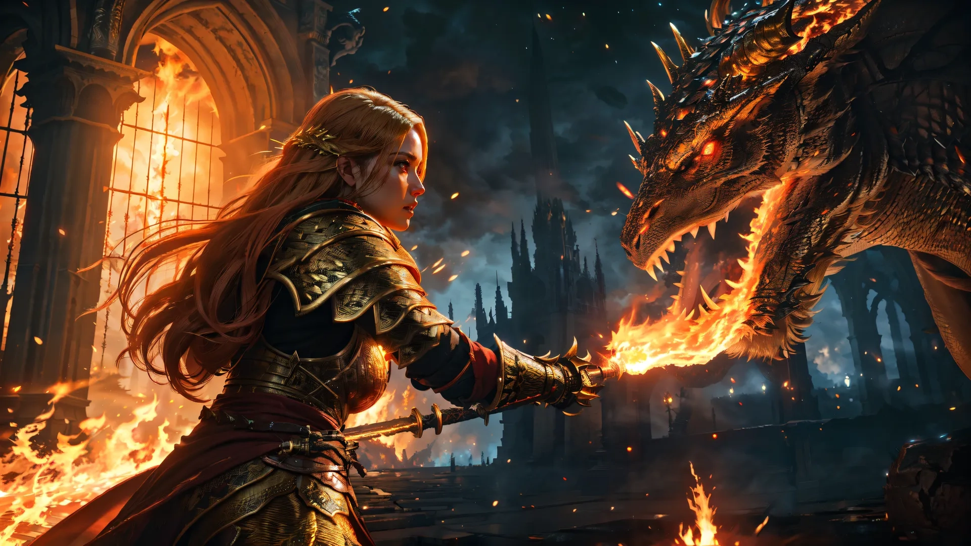 a woman standing in front of a dragon by fire with sword in hand and flames coming from the head of it
