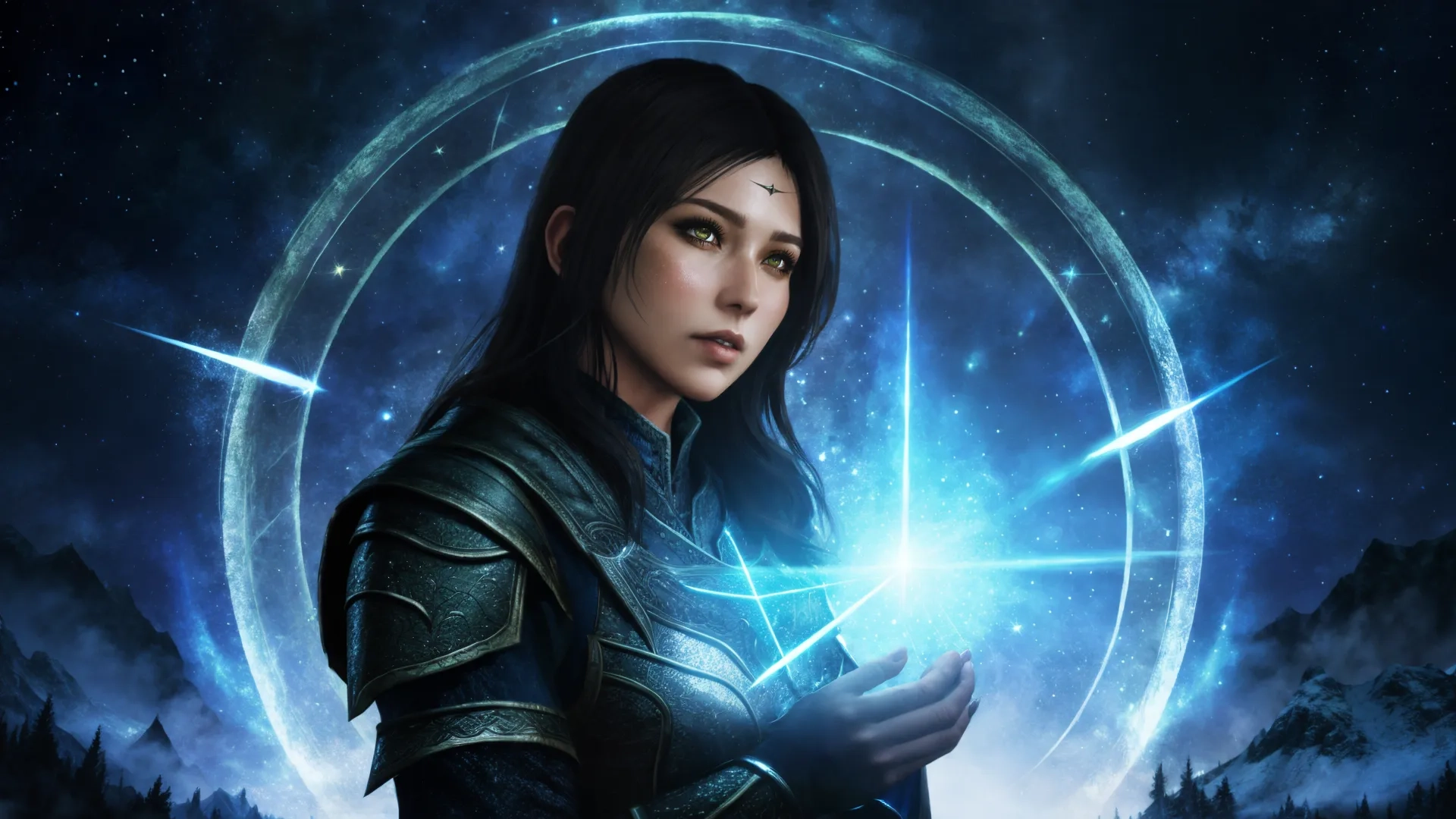 a digital art picture on the desktop with blue background and a female hero holding a glowing star
