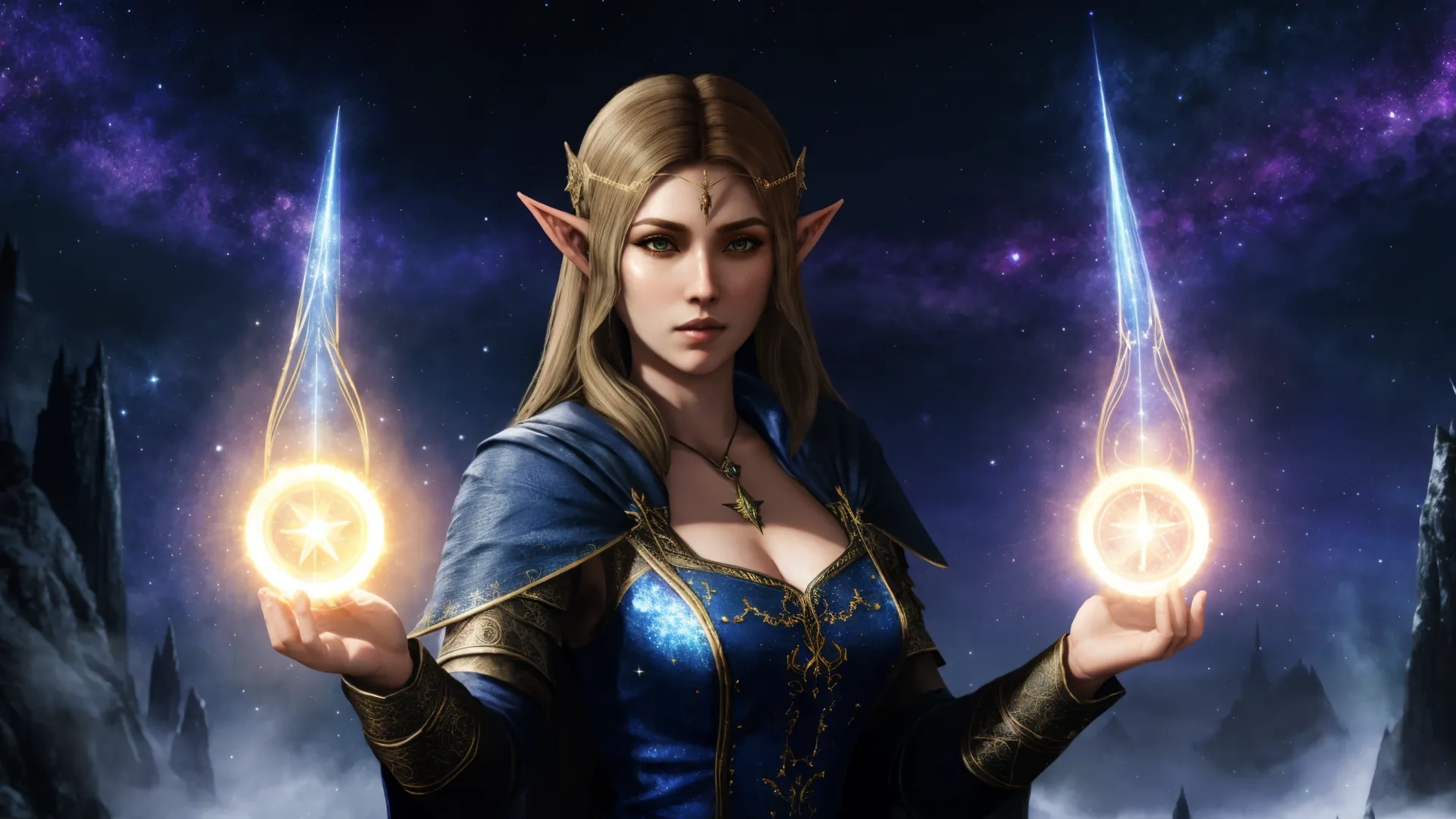 the woman in the game is holding torches in her hands while holding two starbursts
