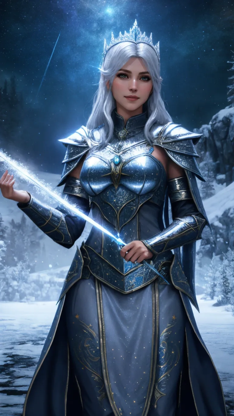 elf holding a fire sword in front of snowy land and night sky with full moon in background
