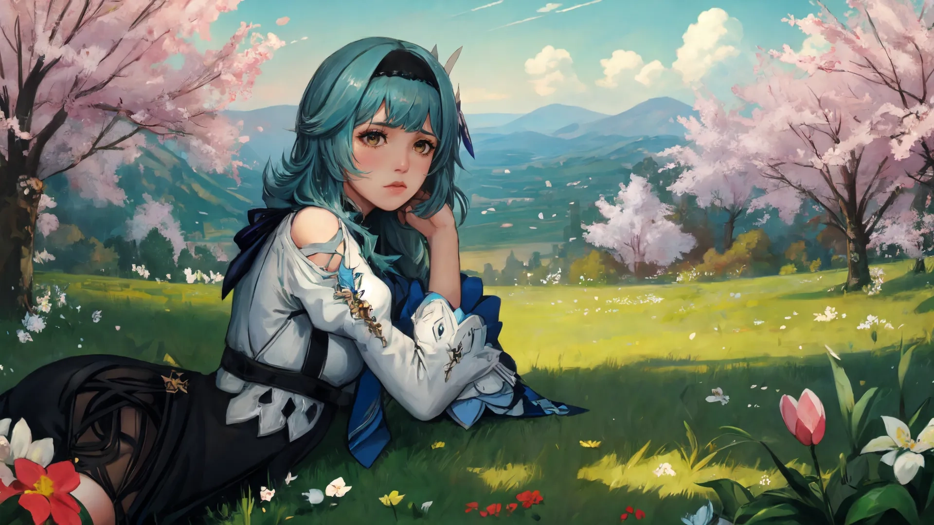 a cartoon female sitting on top of a meadow
