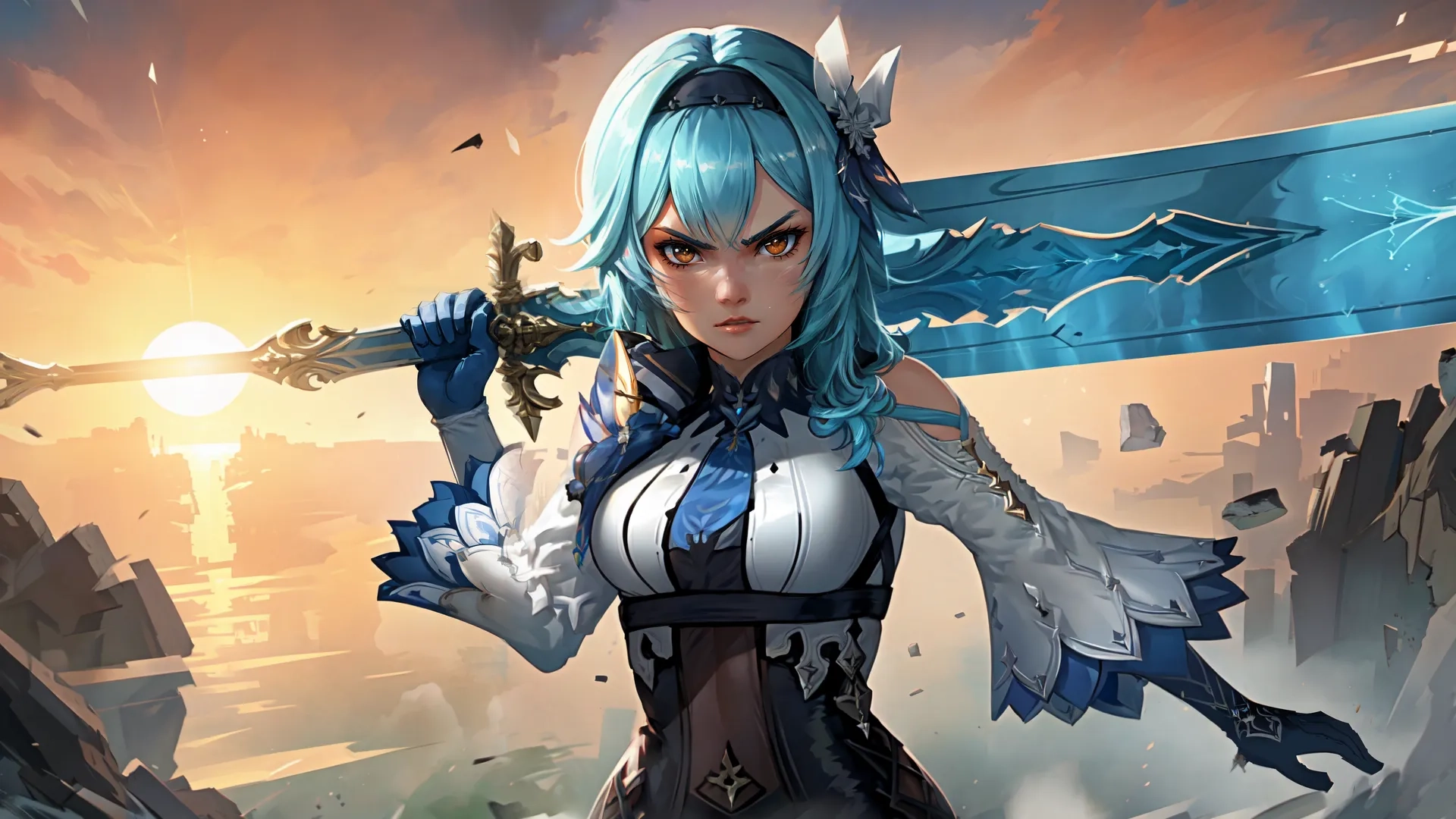 an elf standing in the mountains with a sword in her hands and two pieces of silver wings folded around her shoulders and one in her left arm
