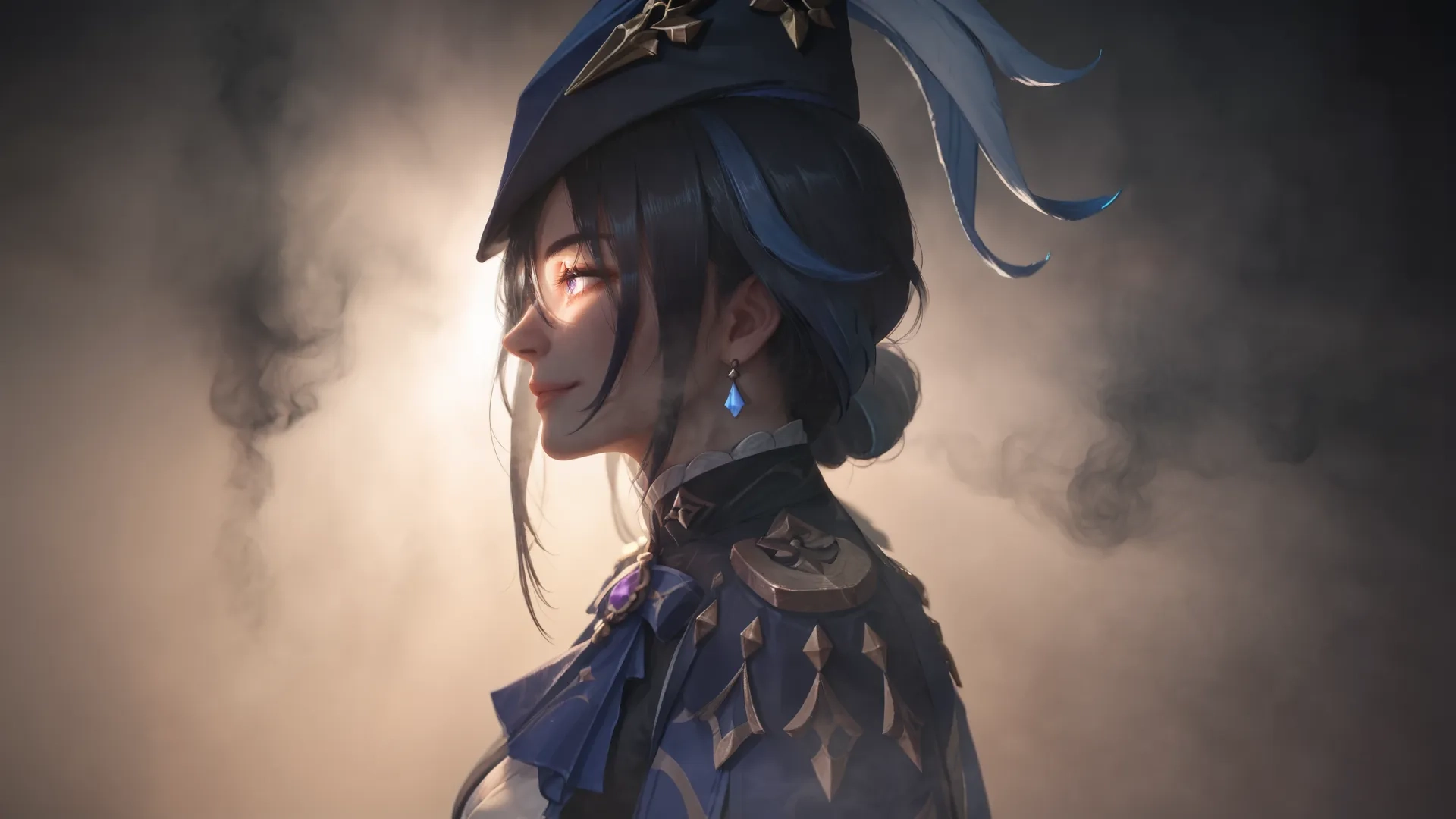 a girl with a black robe, white shirt and blue hat in the smoke with earrings on it's head and blue hair holding a mic
