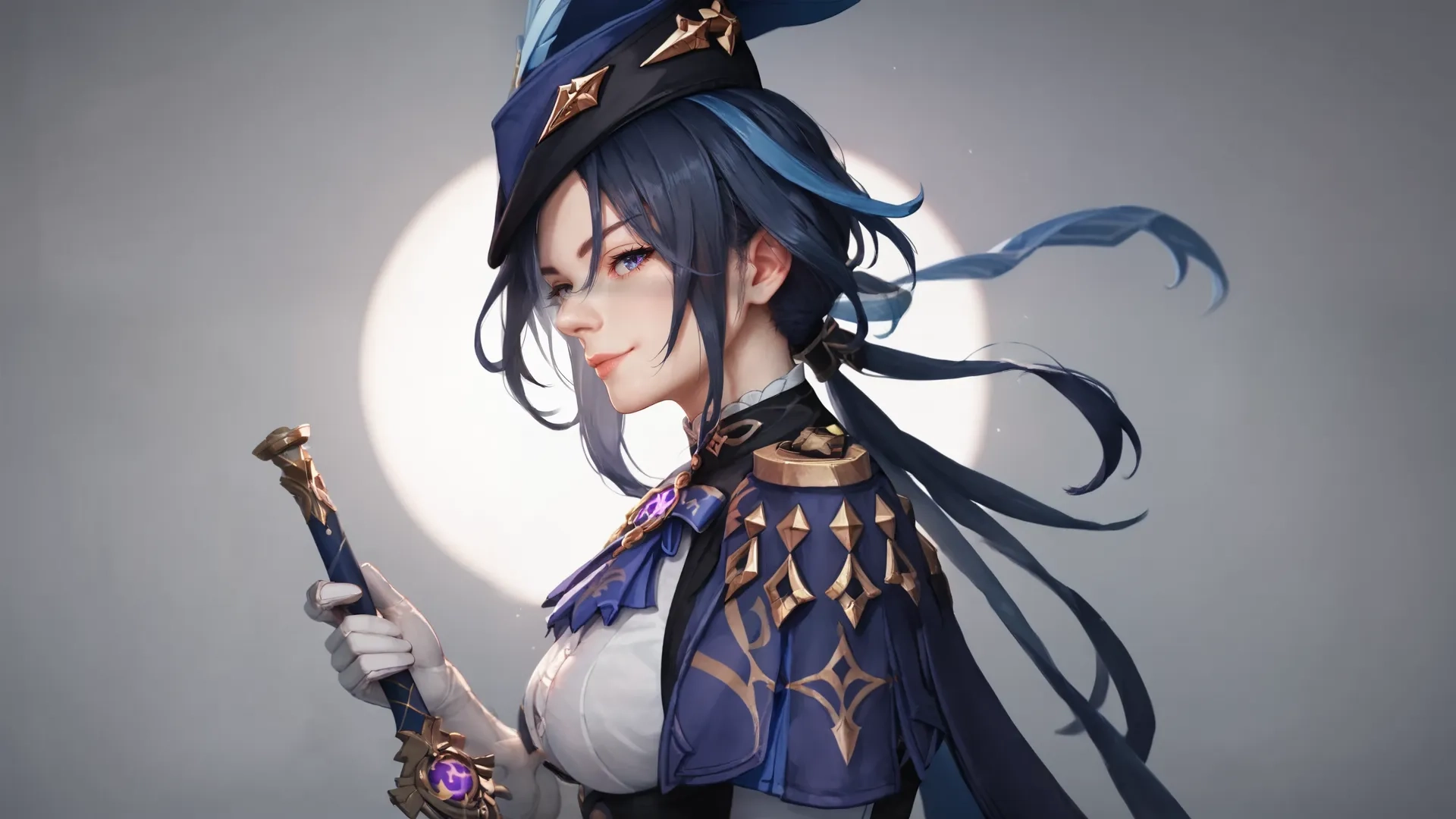an animated woman is holding a sword and standing in front of a bright moon and a shining full moon rising out of her face, against dark colors
