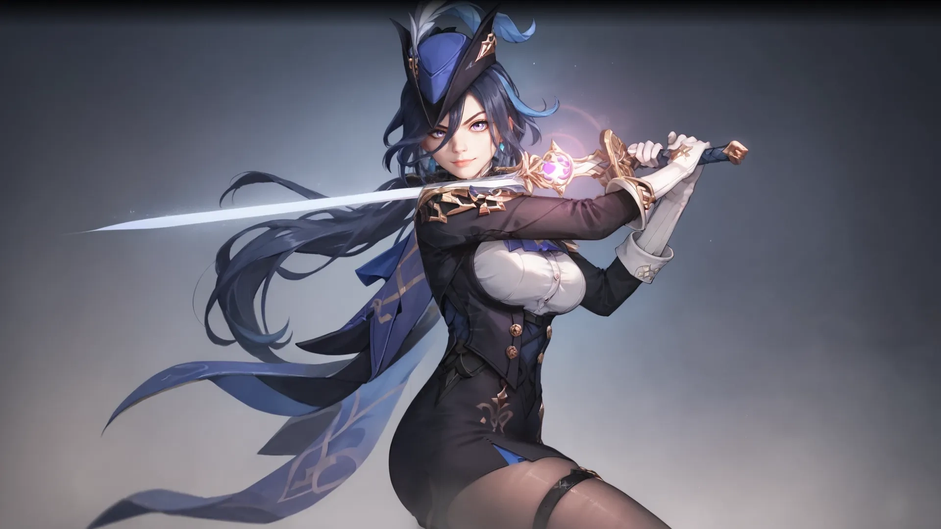 an anime character with swords and stockings, posed with blue hair and a white top, long black dress and gloves, looking serious at her chest
