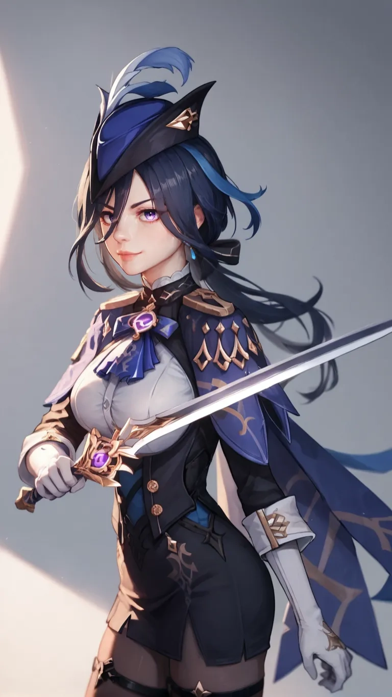 a blue - haired girl with a sword stands outside next to the moon wearing black and white clothing with blue accents - facing left of frame
