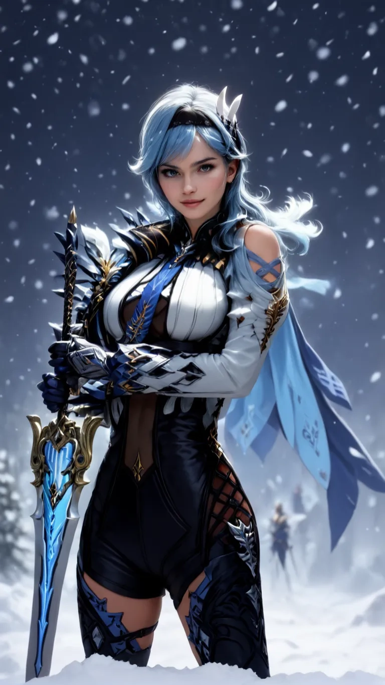 a female in blue clothes holding a sword
