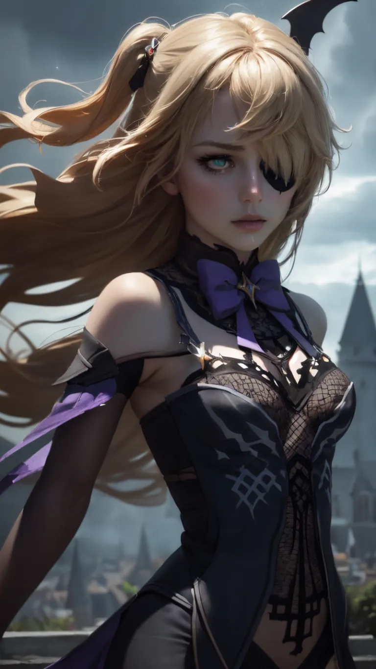 an animated woman with blonde hair and blue eyes while playing sword dance on the city skyline outside of a castle's cathedral on a stormy day
