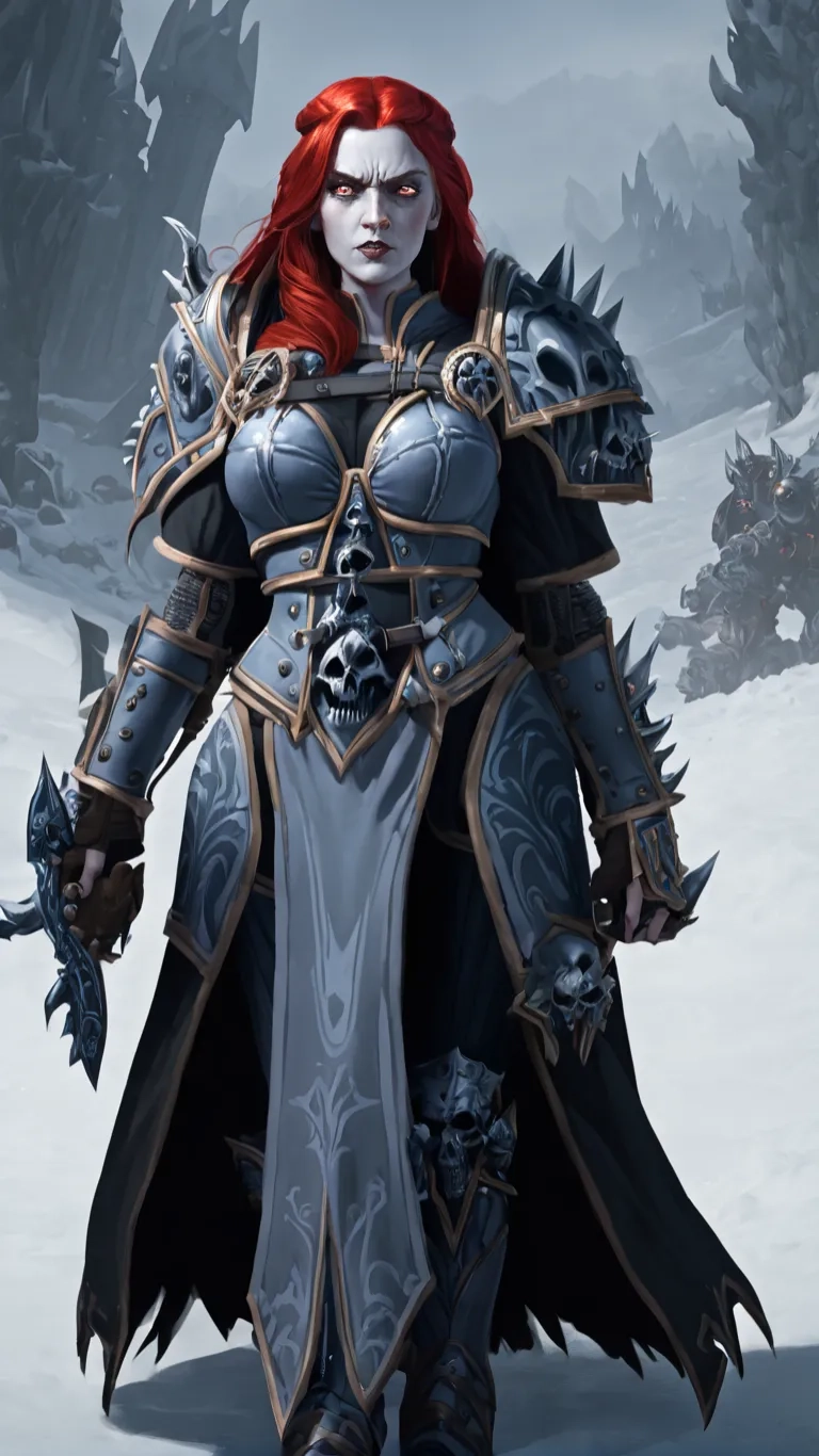 a female warlock with red hair and armor
