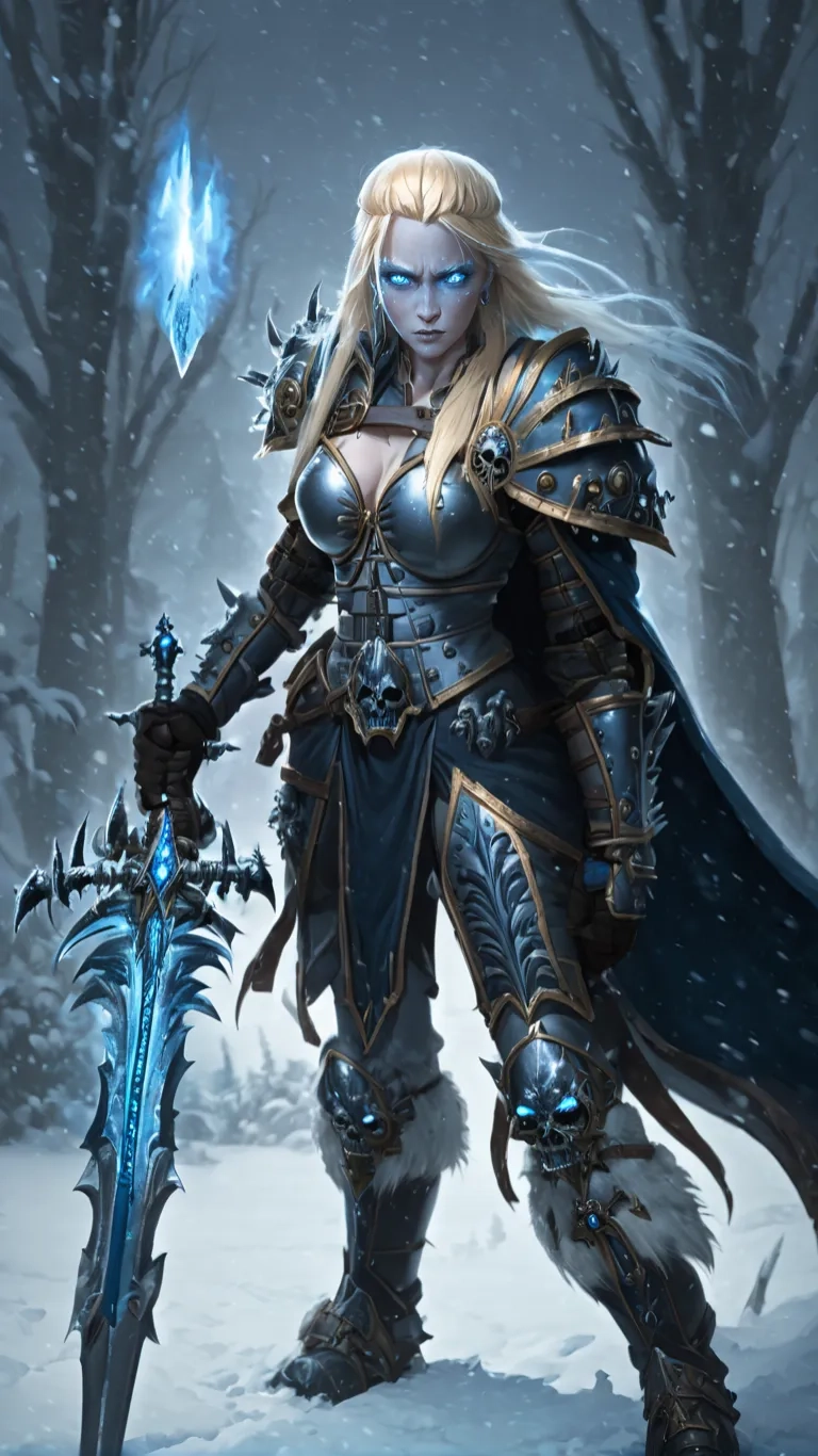 an image of a woman warrior with blue hair and silver armor
