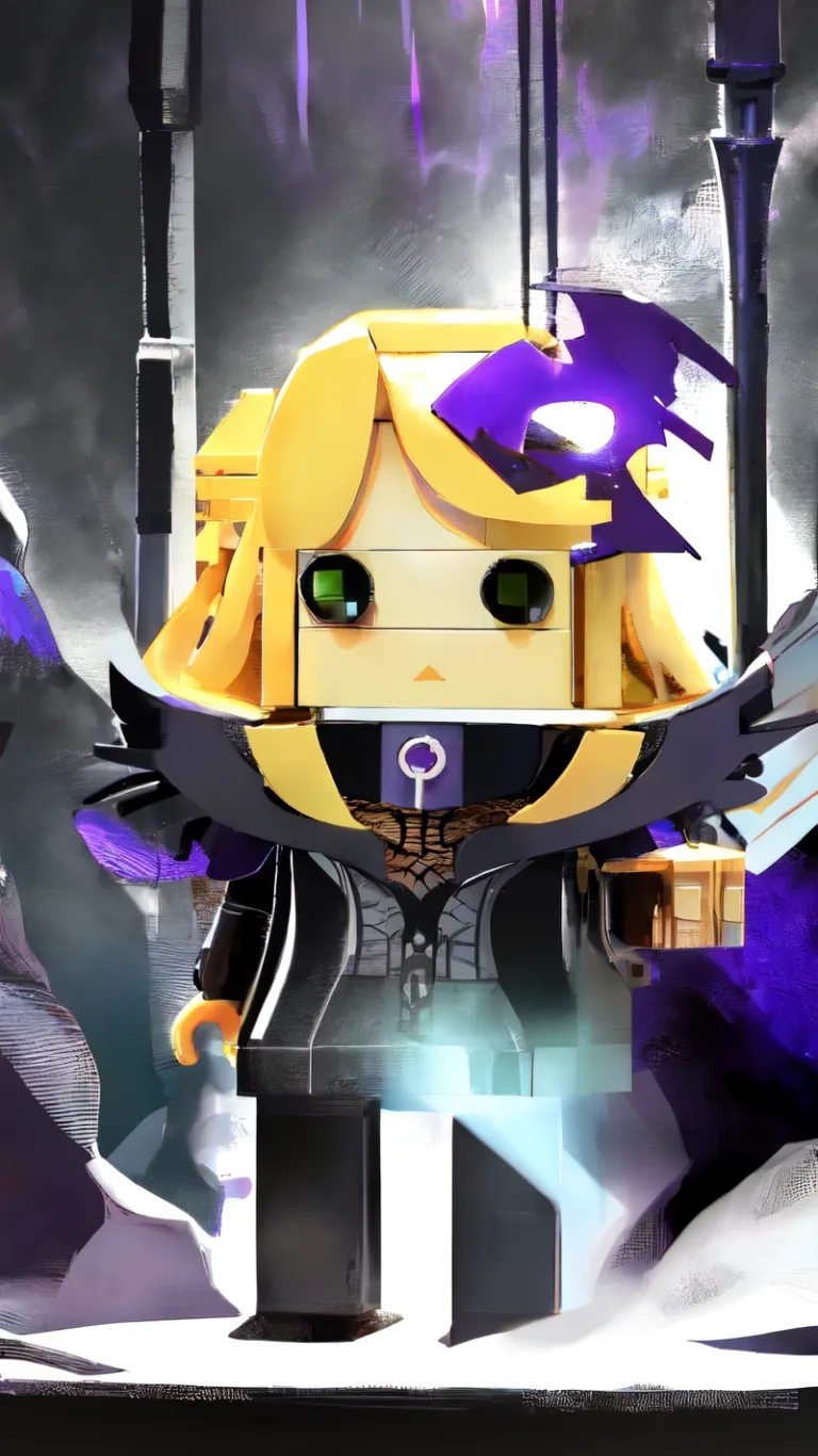 a lego building figure stands atop a purple and black background to look like a woman holding a sword and shield in front of her head is a purple and dark background
